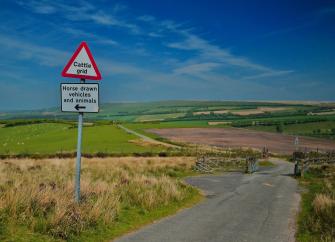 A hedgeless Exmoor road approaches a cattle grid besides a roadside warning sign.