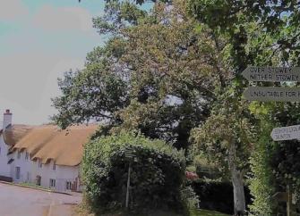 Crowcombe village street. In the foreground is a signpost with directions to local villages. Behind it are trees and a newly thatched row of cottages.