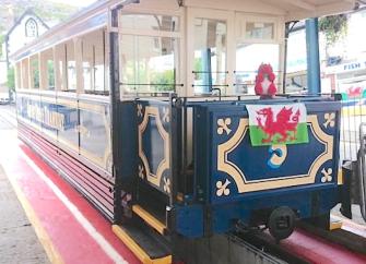 A tram car bearing a Welsh flag waits at a roadside station.