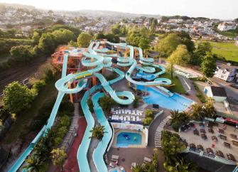 Aerial view of Devon's Quaywest Waterpark of twisting water flumes. 