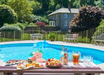 Outdoor swimming pool with table of drinks and snacks in front.