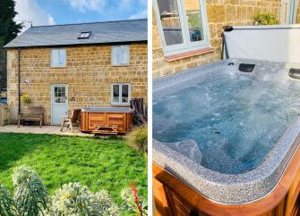 Twin photos of a stone cottage exterior and a swirling hot tub.