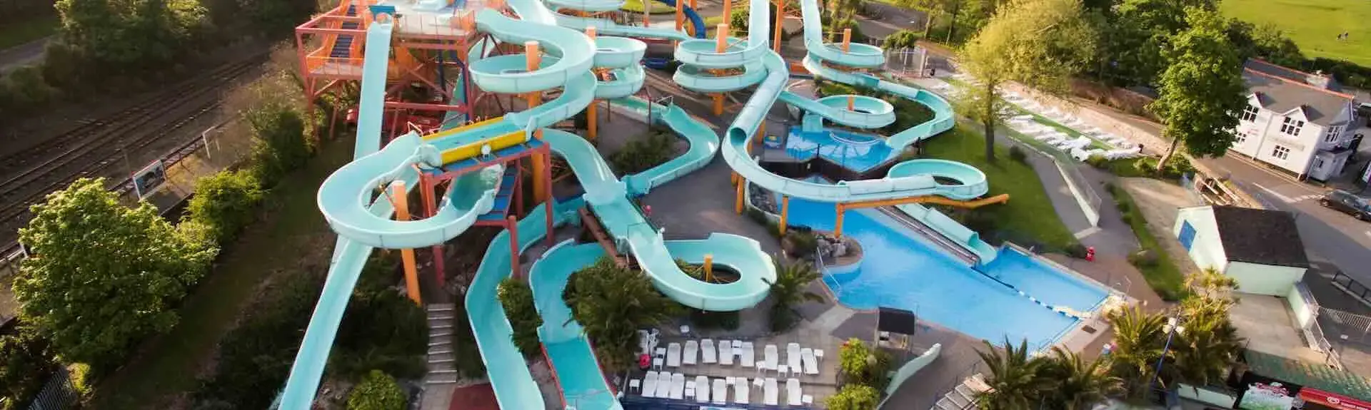 Aerial view of Devon's Quaywest Waterpark of twisting water flumes. 