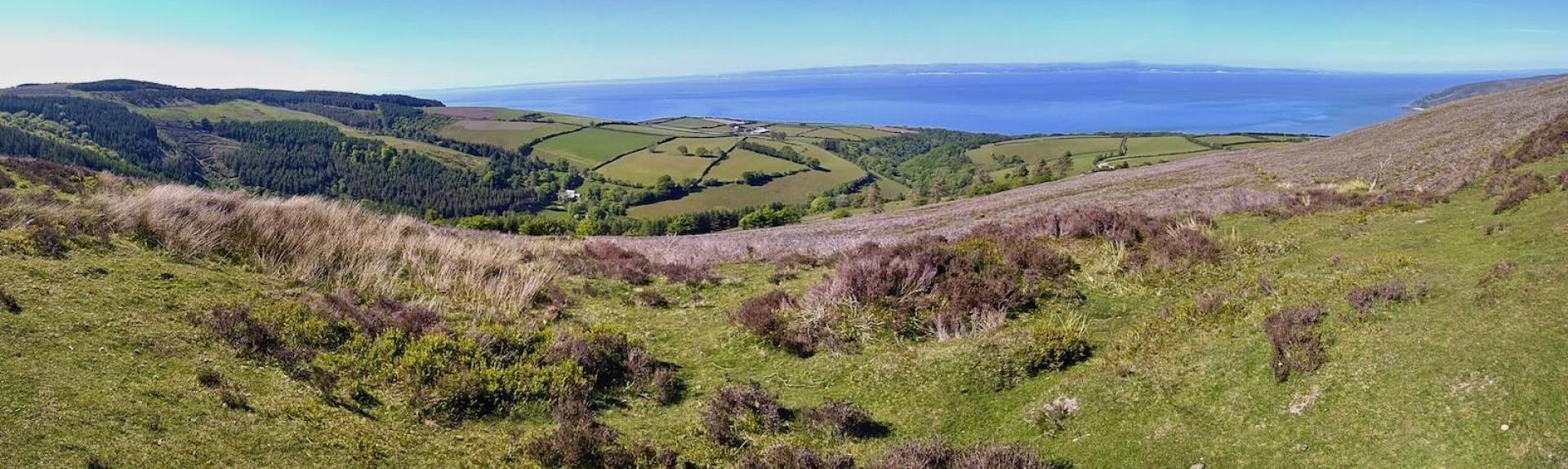 Panoramic view across moorland, fields and woods to the sea. 