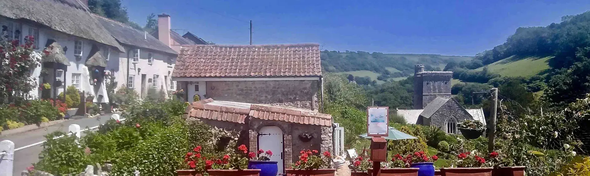 A view down the valley in Branscombe in East Devon. In the foreground is a large trough of flowers, behind which are cottages and a church tower. To either side are steep fields and woodland.