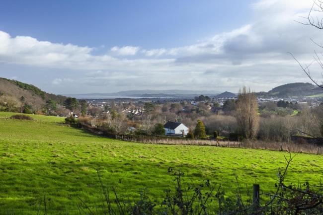 rural view across fields to woods and cottages with the Somerset coast in the distance.