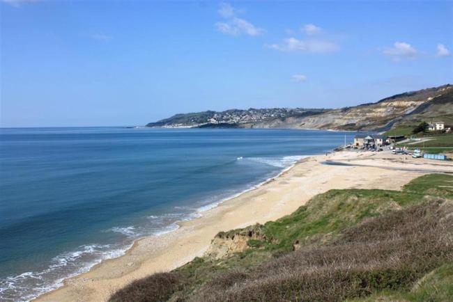 bush-covered sand dunes slope down to a white sany beach in Charmouth