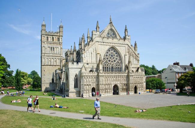 Exterior of Exeter Cathedral and Cathedral Green in Devon