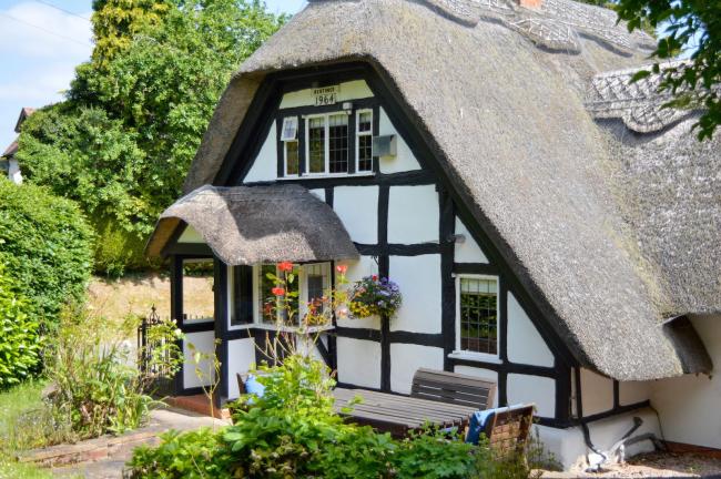 Gable end of a half-timbered thatched cottage with the roof reaching right to the ground.