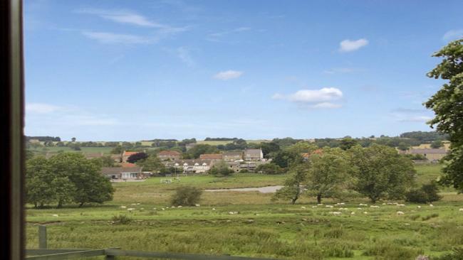 A cluster of small village cottages surrounded by fieelds and trees