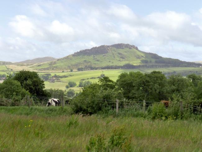 Fields and trees rising up to rough moorland on a hill top in the Peak District.