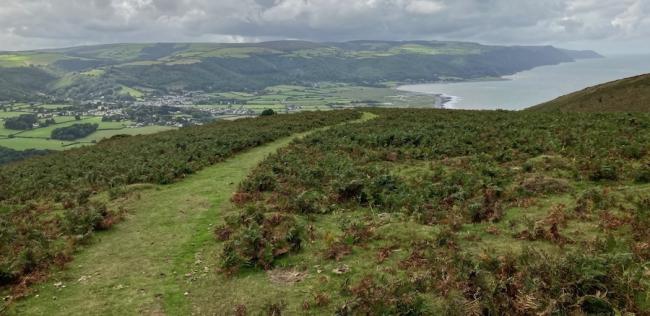 View from a hilltop footpath of Porlock Bay on Exmoor.