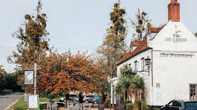 A country pub with cars parked beneath trees in autumn leaves.