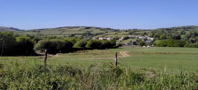 An Exmoor landscape of fields, woods and a cluster of village houses.